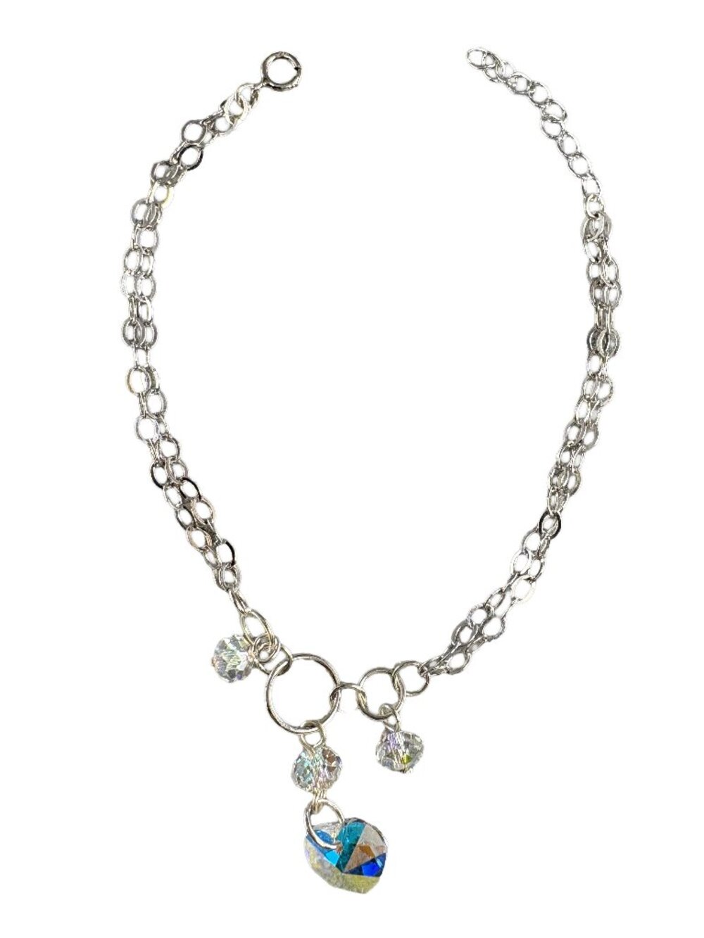 925 Sterling Silver Iridescent Crystal Heart Charm Bracelet - Adjustable 160+20m